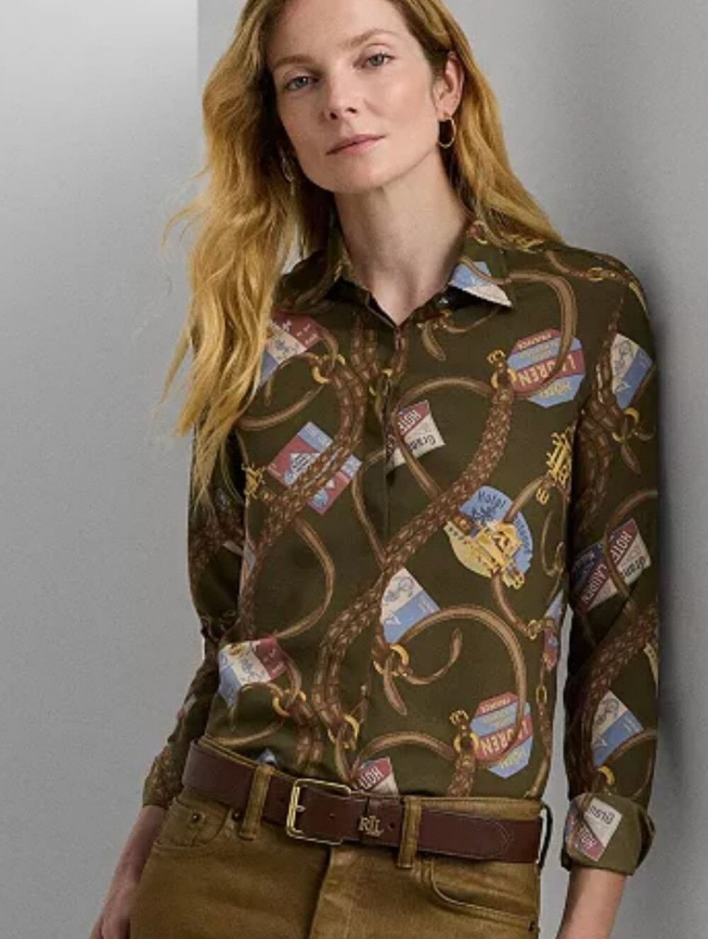 Lauren Ralph Lauren Classic Fit Belt Print Crepe Shirt Medium Excellent